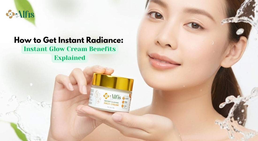 Woman with radiant, glowing skin applying instant glow cream for hydration and brightness 