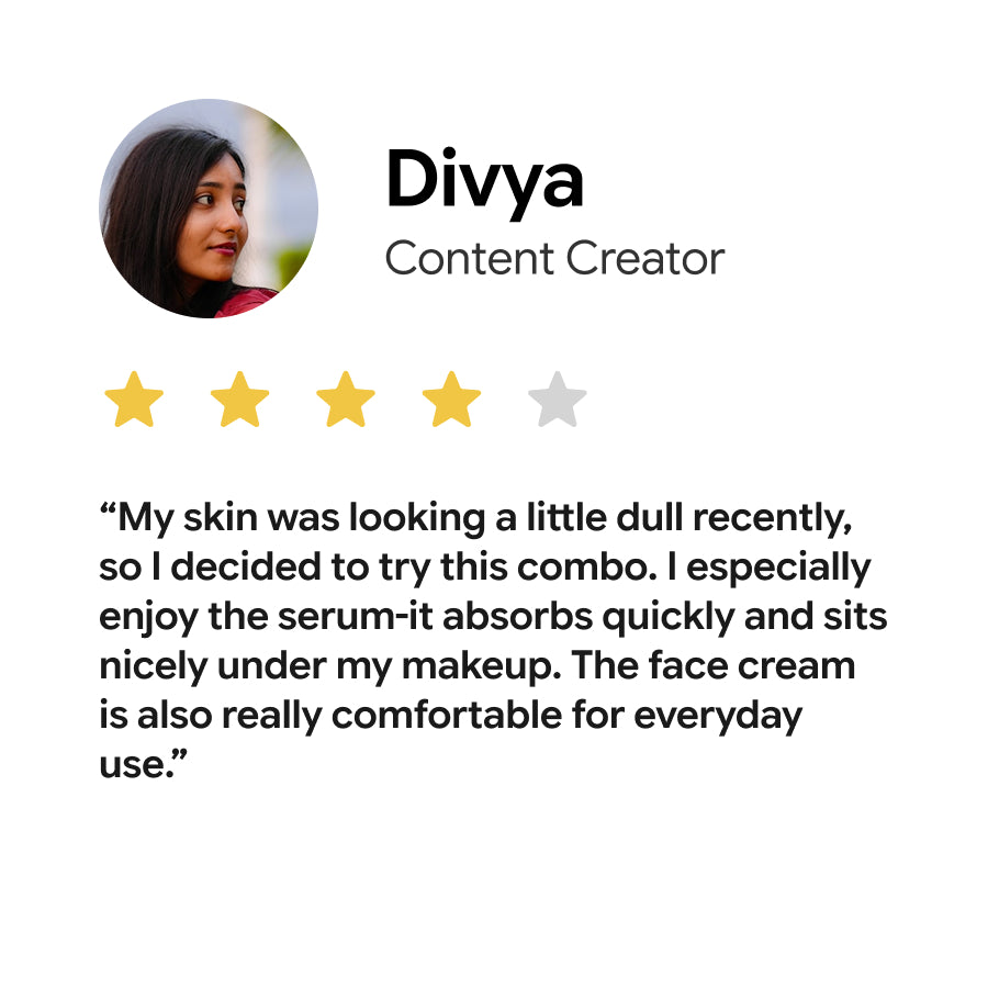 A social media style review card featuring a circular profile picture of a woman named Divya, a five-star rating with four filled gold stars and one empty gray star, and a quote about skin texture and makeup appearance.